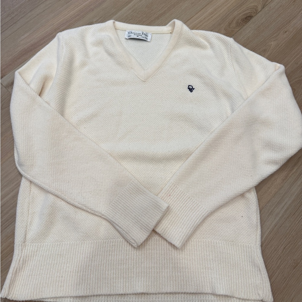 Vintage Medium Christian Dior Men's Cream V-Neck Sweater